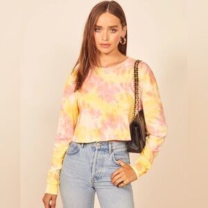 Reformation Jaxon Tie Dye Long Sleeve Top Womens Size XL‎ Pink Yellow Bohemian